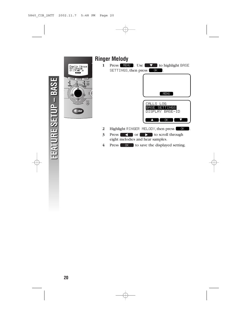 Ringer melody, Fea ture setup – base fea ture setup – base | AT&T 5830 User Manual | Page 23 / 95