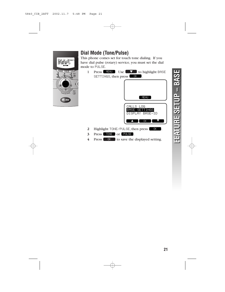 Dial mode (tone/pulse), Fea ture setup – base fea ture setup – base | AT&T 5830 User Manual | Page 24 / 95