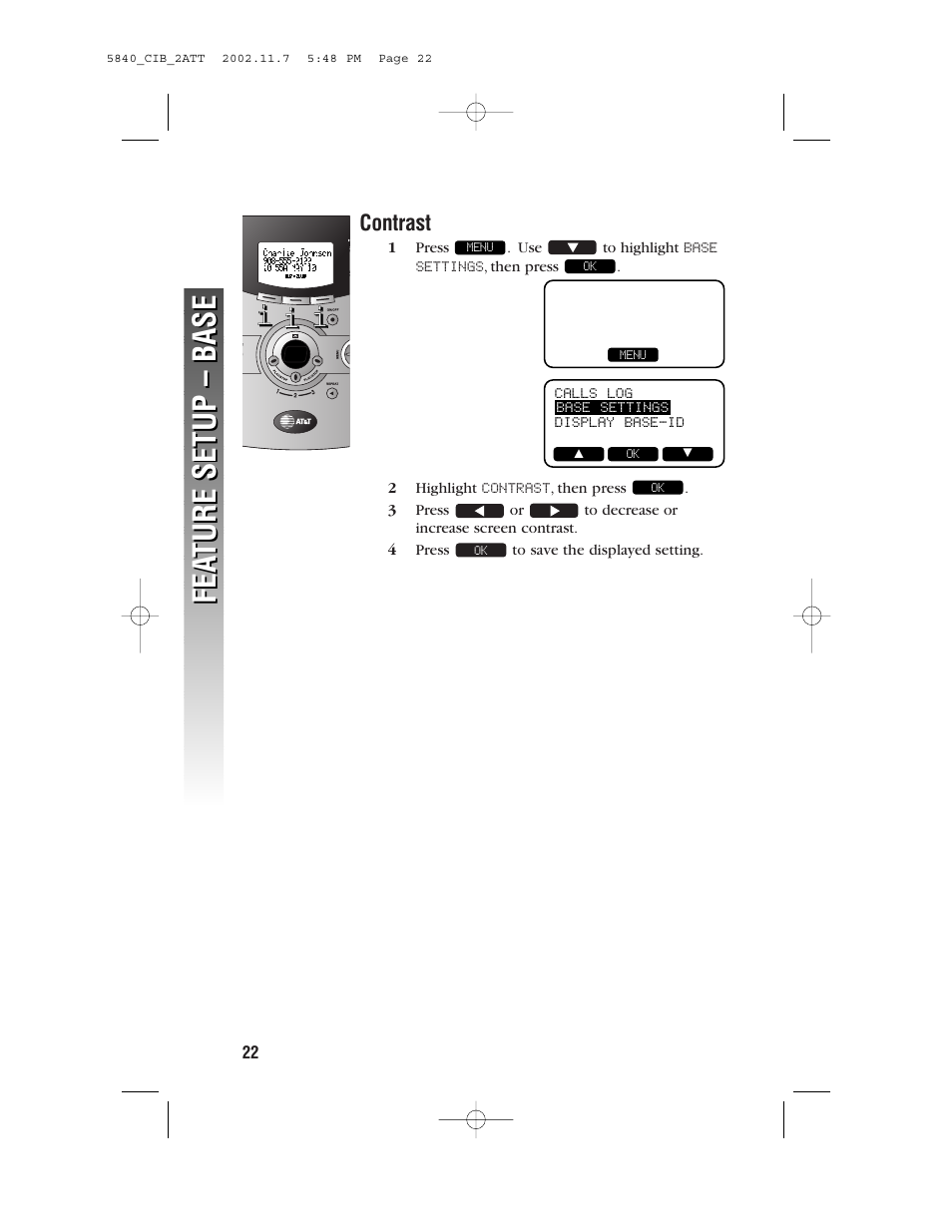 Contrast, Fea ture setup – base fea ture setup – base | AT&T 5830 User Manual | Page 25 / 95