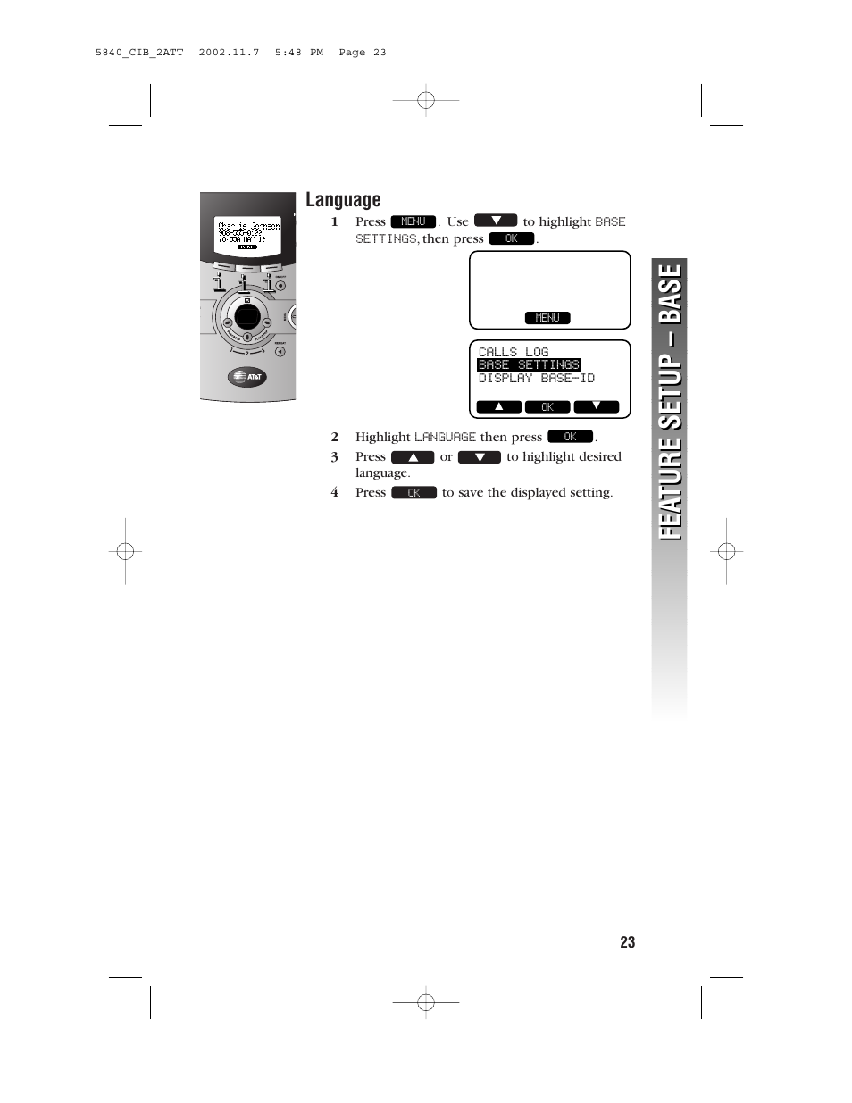 Language, Fea ture setup – base fea ture setup – base | AT&T 5830 User Manual | Page 26 / 95