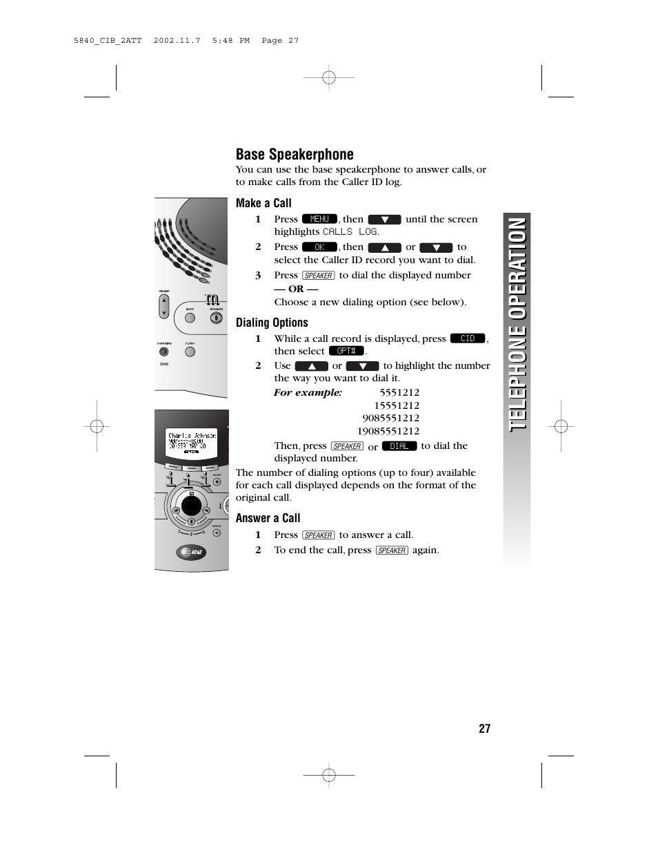 Base speakerphone, Telephone opera tion telephone opera tion | AT&T 5830 User Manual | Page 30 / 95