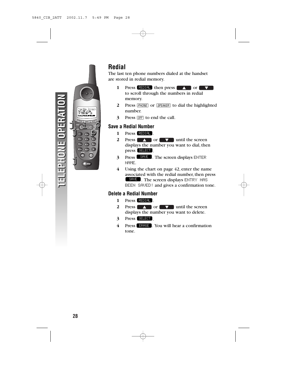 Redial, Telephone opera tion telephone opera tion | AT&T 5830 User Manual | Page 31 / 95