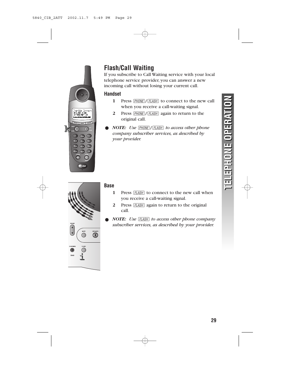 Flash/call waiting, Telephone opera tion telephone opera tion | AT&T 5830 User Manual | Page 32 / 95