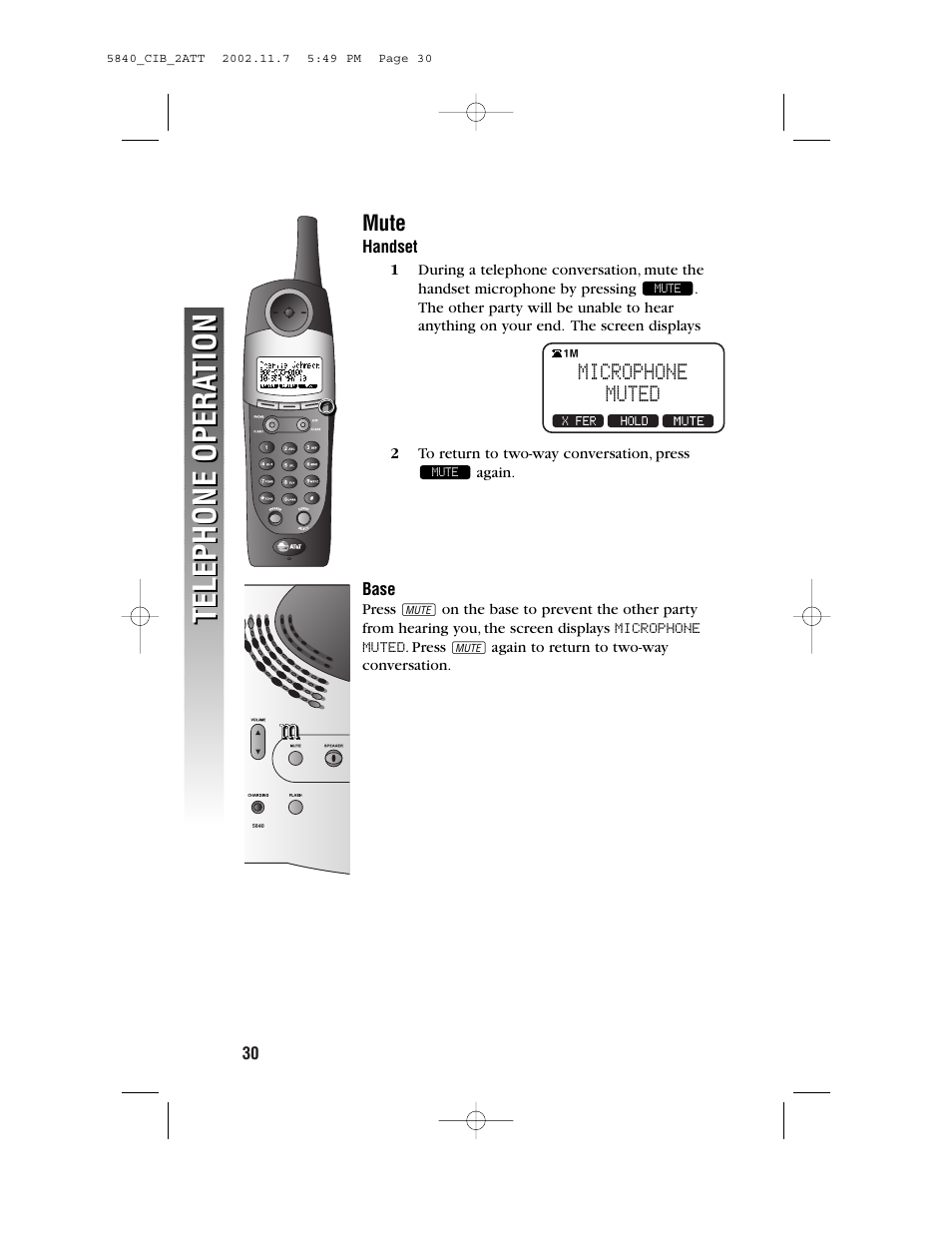 Mute, Telephone opera tion telephone opera tion | AT&T 5830 User Manual | Page 33 / 95