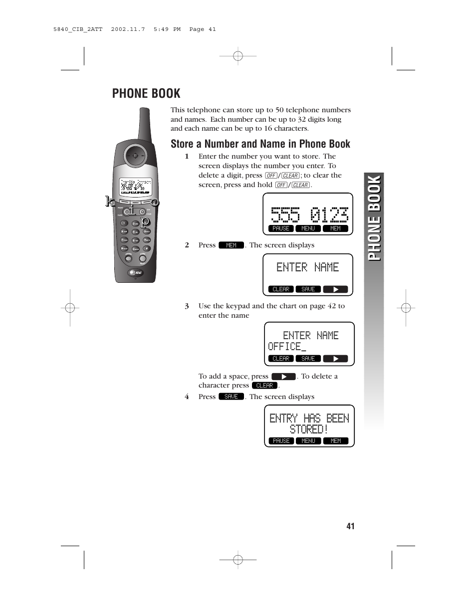 Phone book, Store a number and name in phone book, Entry has been stored | Enter name | AT&T 5830 User Manual | Page 44 / 95