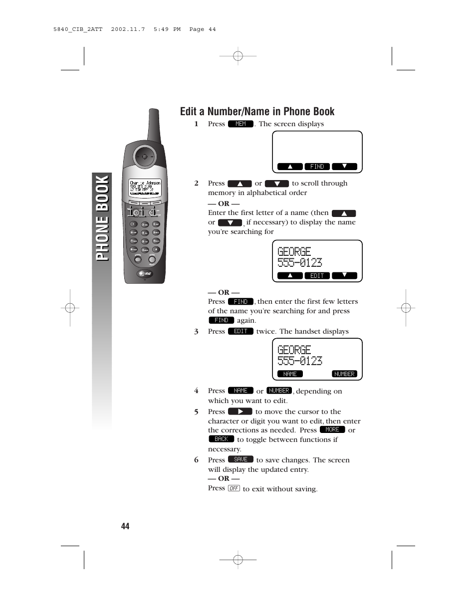 Edit a number/name in phone book, Phone book | AT&T 5830 User Manual | Page 47 / 95