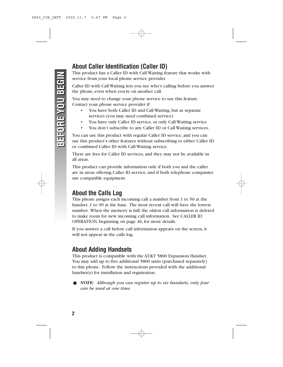 About caller identification (caller id), About the calls log, About adding handsets | Before you begin | AT&T 5830 User Manual | Page 5 / 95
