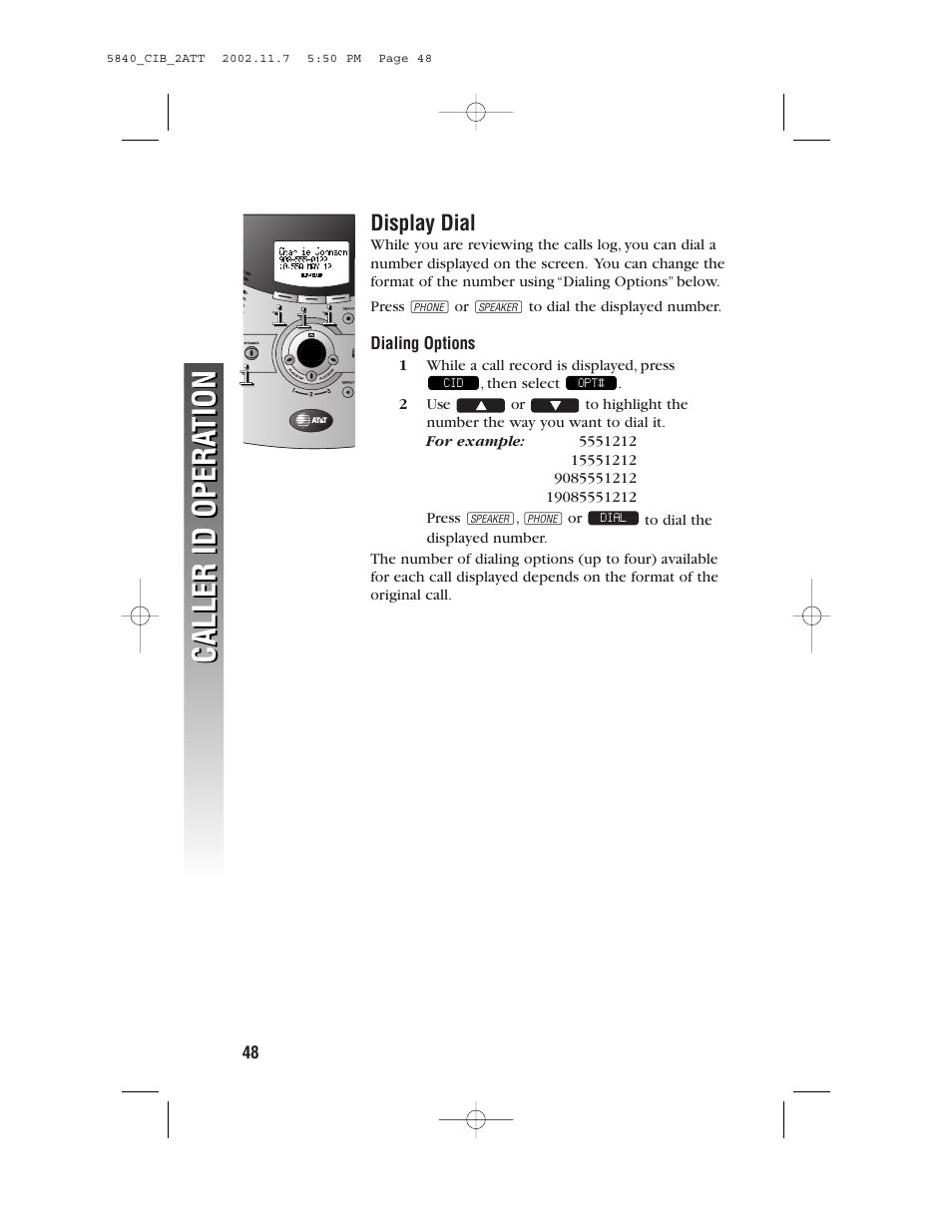 Display dial, Caller id opera tion caller id opera tion | AT&T 5830 User Manual | Page 51 / 95