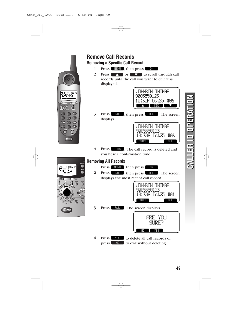 Remove call records, Caller id opera tion caller id opera tion, Are you sure | AT&T 5830 User Manual | Page 52 / 95