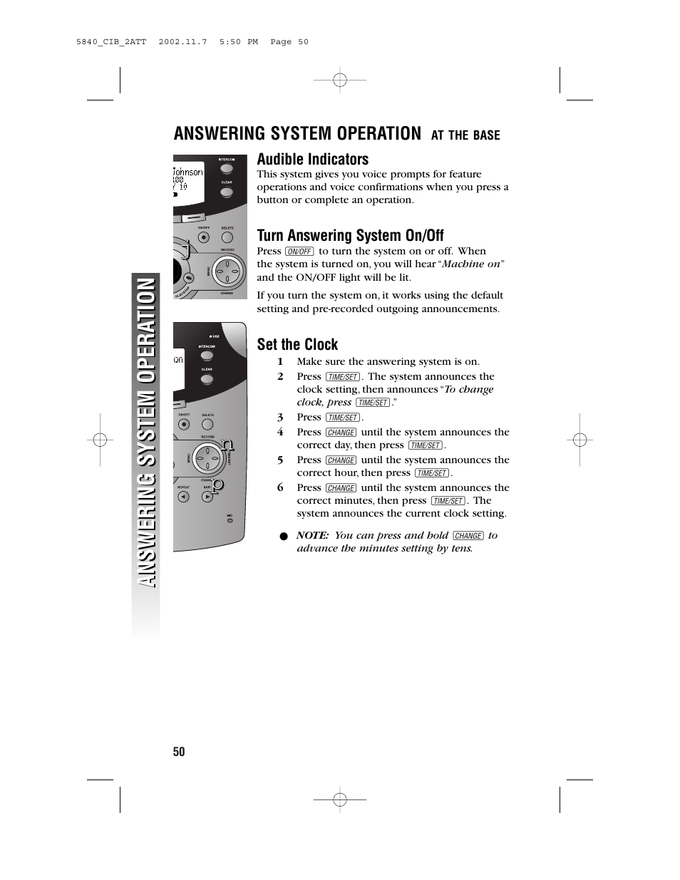 Answering system operation, At the base, Audible indicators | Turn answering system on/off, Set the clock | AT&T 5830 User Manual | Page 53 / 95
