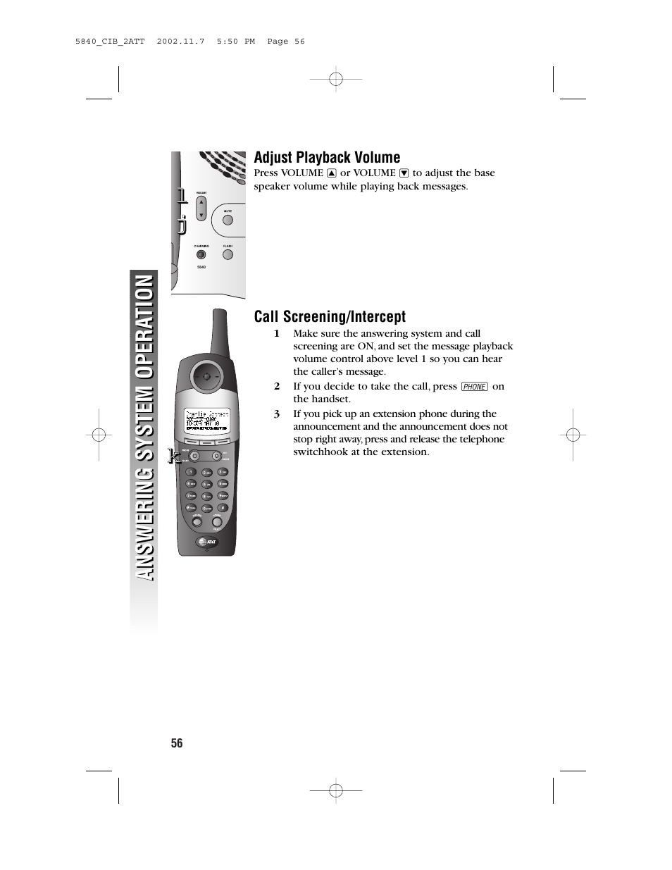 Adjust playback volume, Call screening/ intercept | AT&T 5830 User Manual | Page 59 / 95