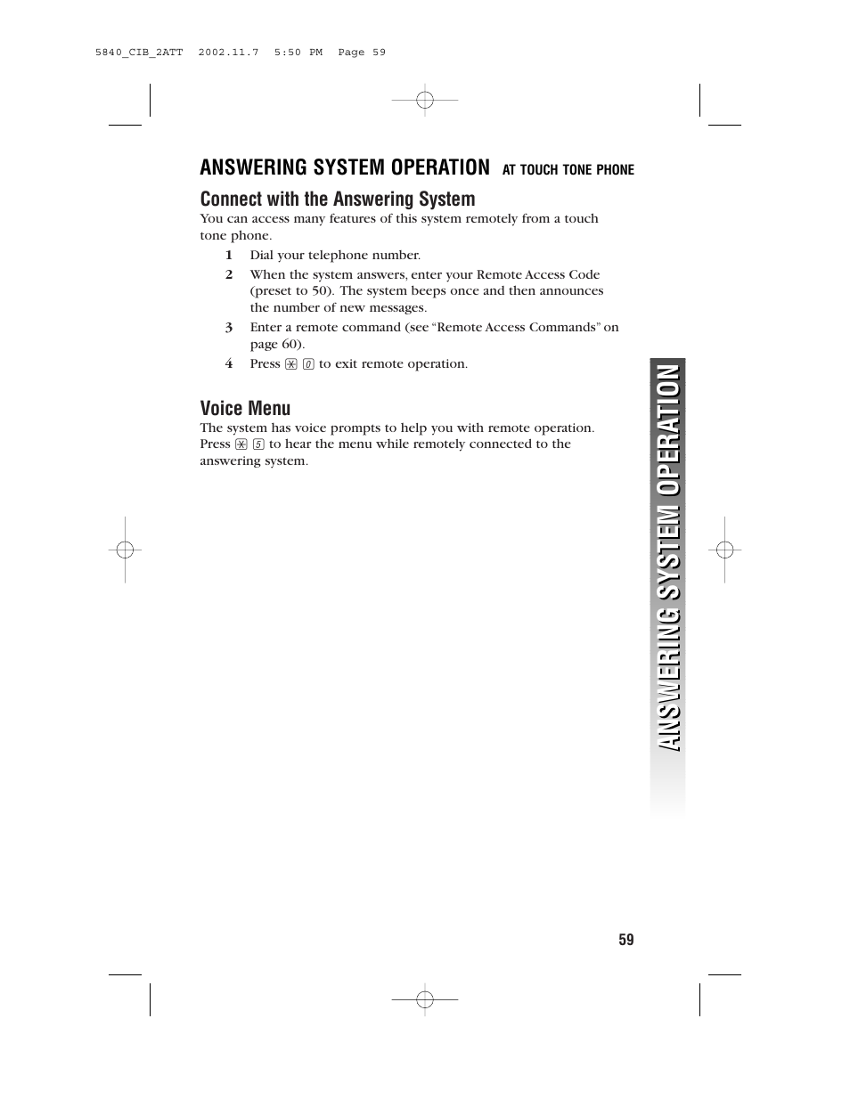 At touch tone phone, Connect with the answering system, Voice menu | Answering system operation | AT&T 5830 User Manual | Page 62 / 95