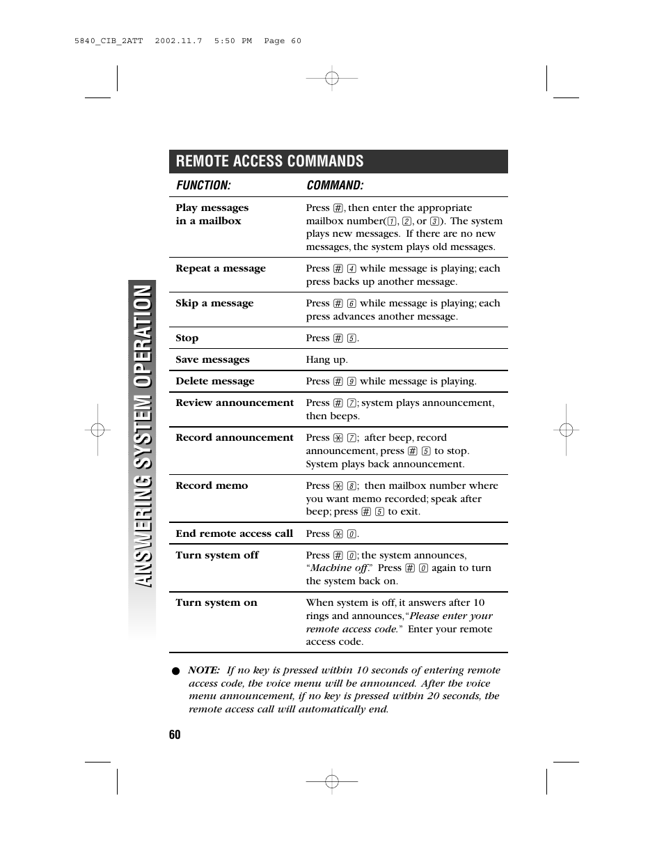 Remote access commands | AT&T 5830 User Manual | Page 63 / 95
