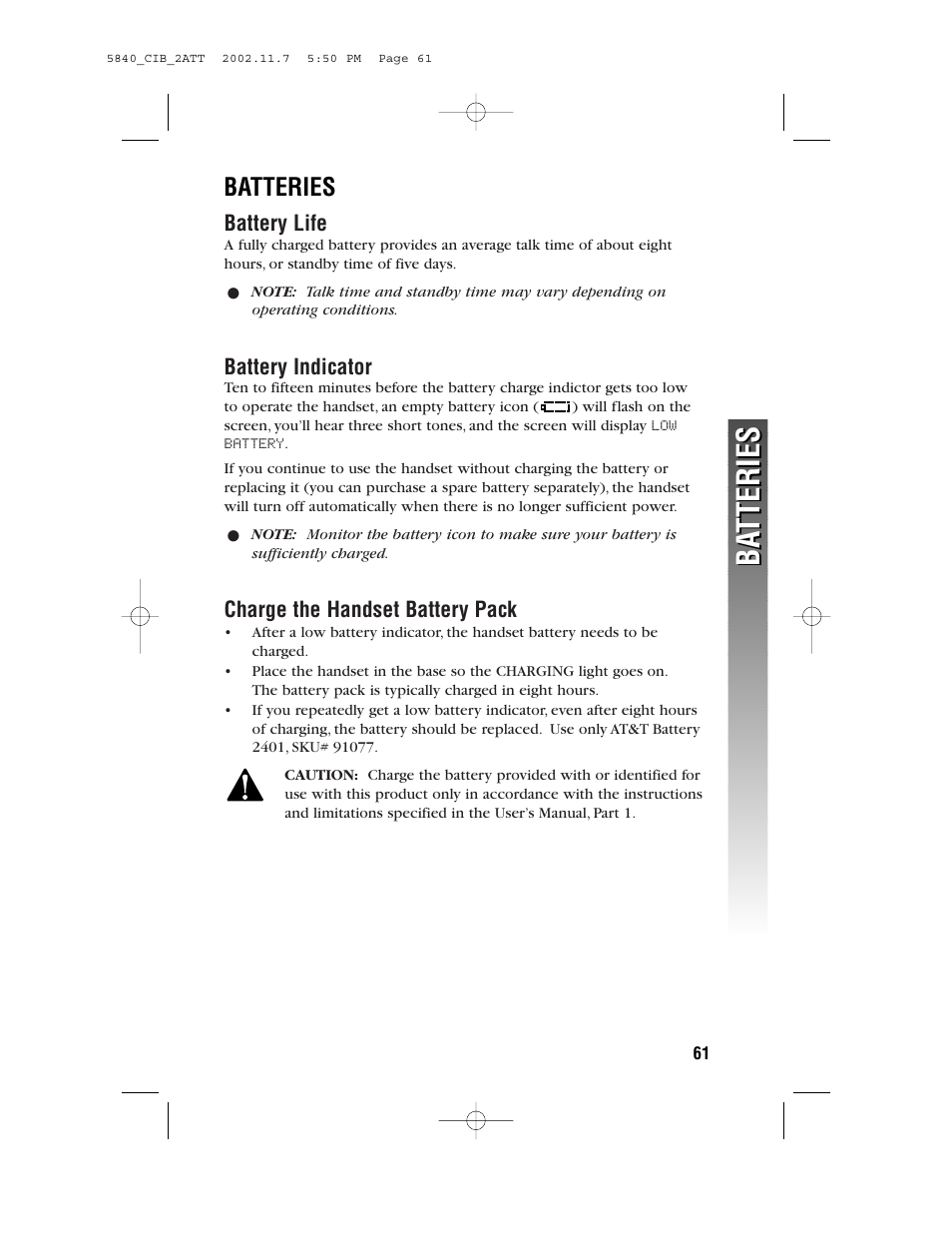 Batteries, Battery life, Battery indicator | Charge the handset battery pack, Ba tteries ba tteries | AT&T 5830 User Manual | Page 64 / 95