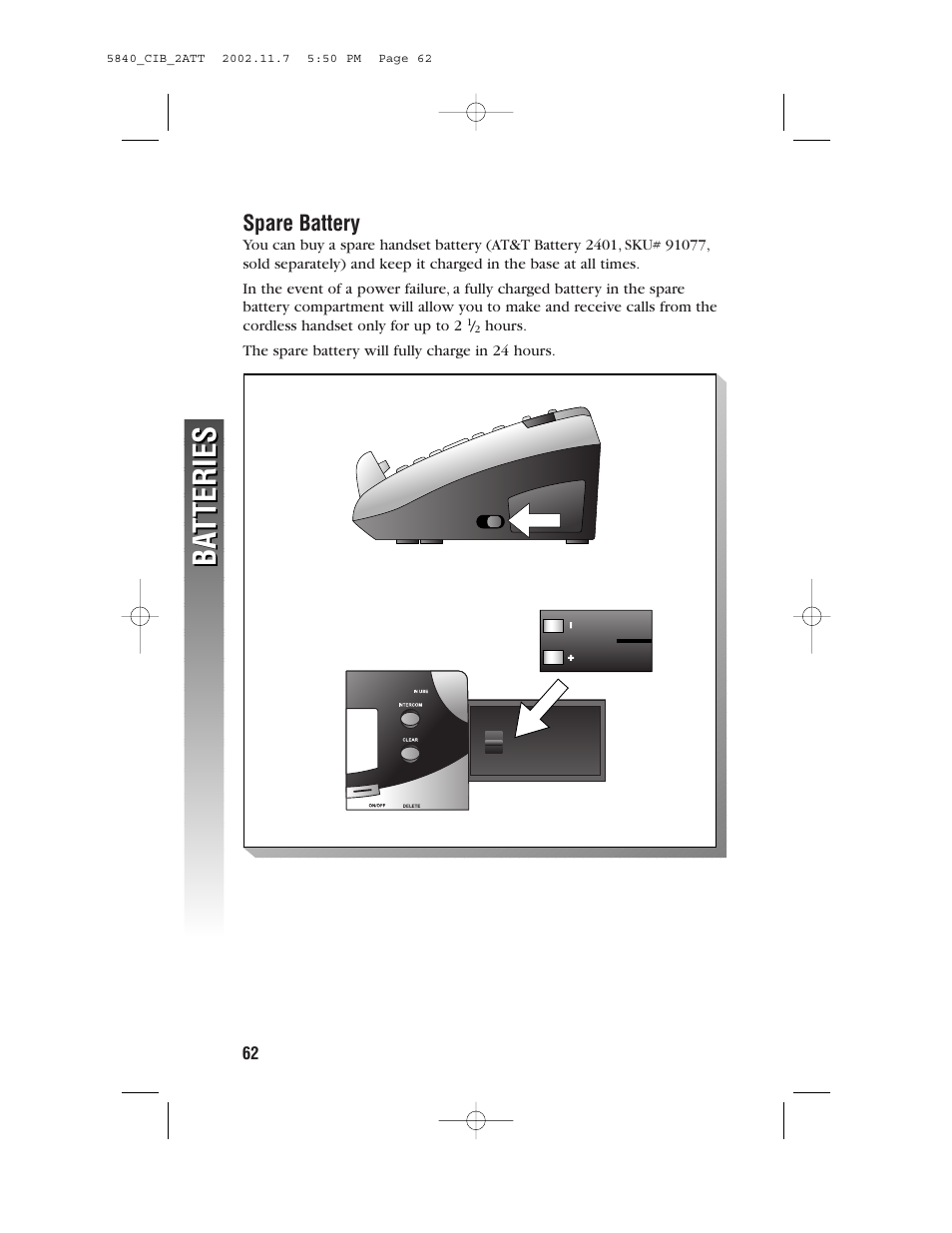 Spare battery, Ba tteries ba tteries | AT&T 5830 User Manual | Page 65 / 95