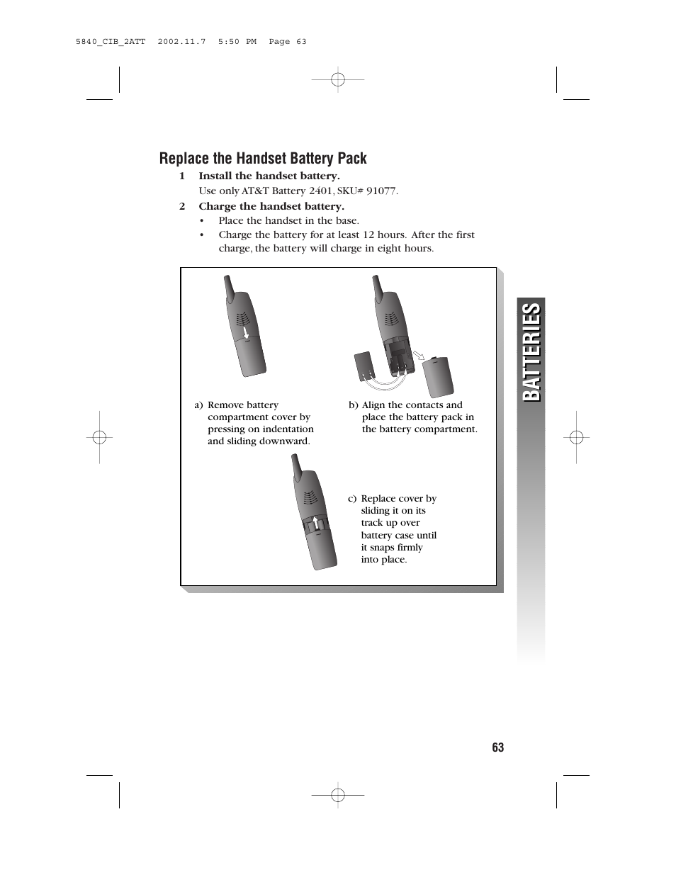 Replace the handset battery pack, Ba tteries ba tteries | AT&T 5830 User Manual | Page 66 / 95