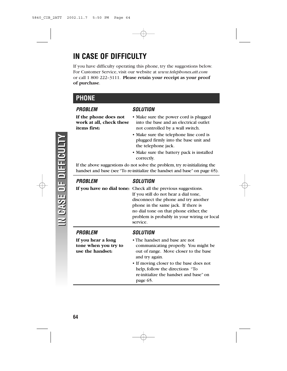 In case of difficulty, Phone, If you have no dial tone | AT&T 5830 User Manual | Page 67 / 95