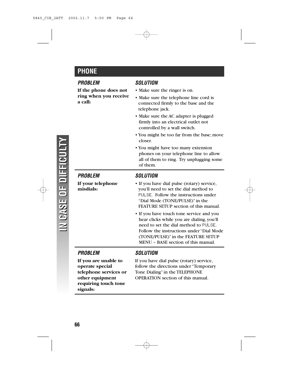If the phone does not ring when you receive a call, If your telephone misdials, Phone | AT&T 5830 User Manual | Page 69 / 95