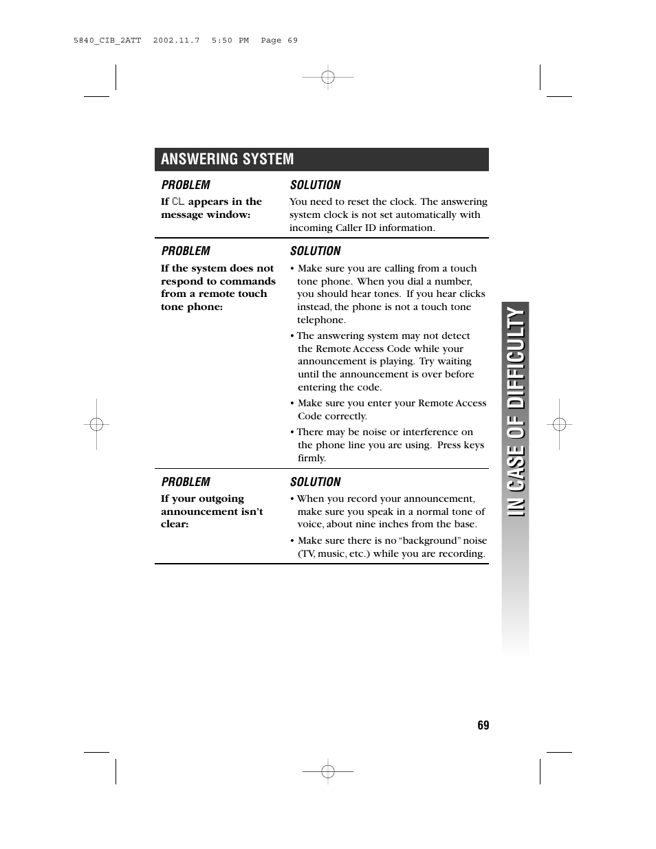 If cl appears in the message window, If your outgoing announcement isn’t clear, Answering system | AT&T 5830 User Manual | Page 72 / 95