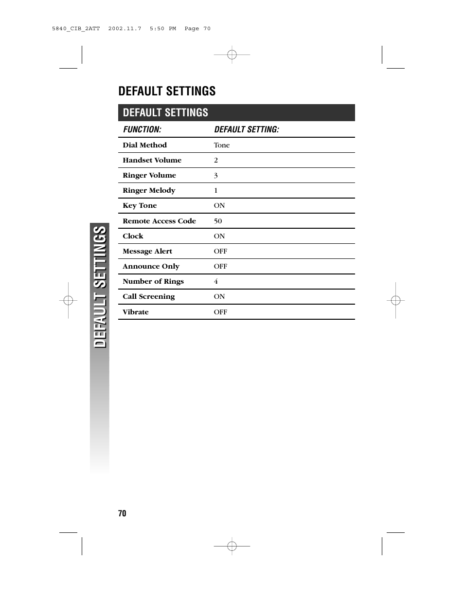 Default settings, Def aul t settings def aul t settings | AT&T 5830 User Manual | Page 73 / 95