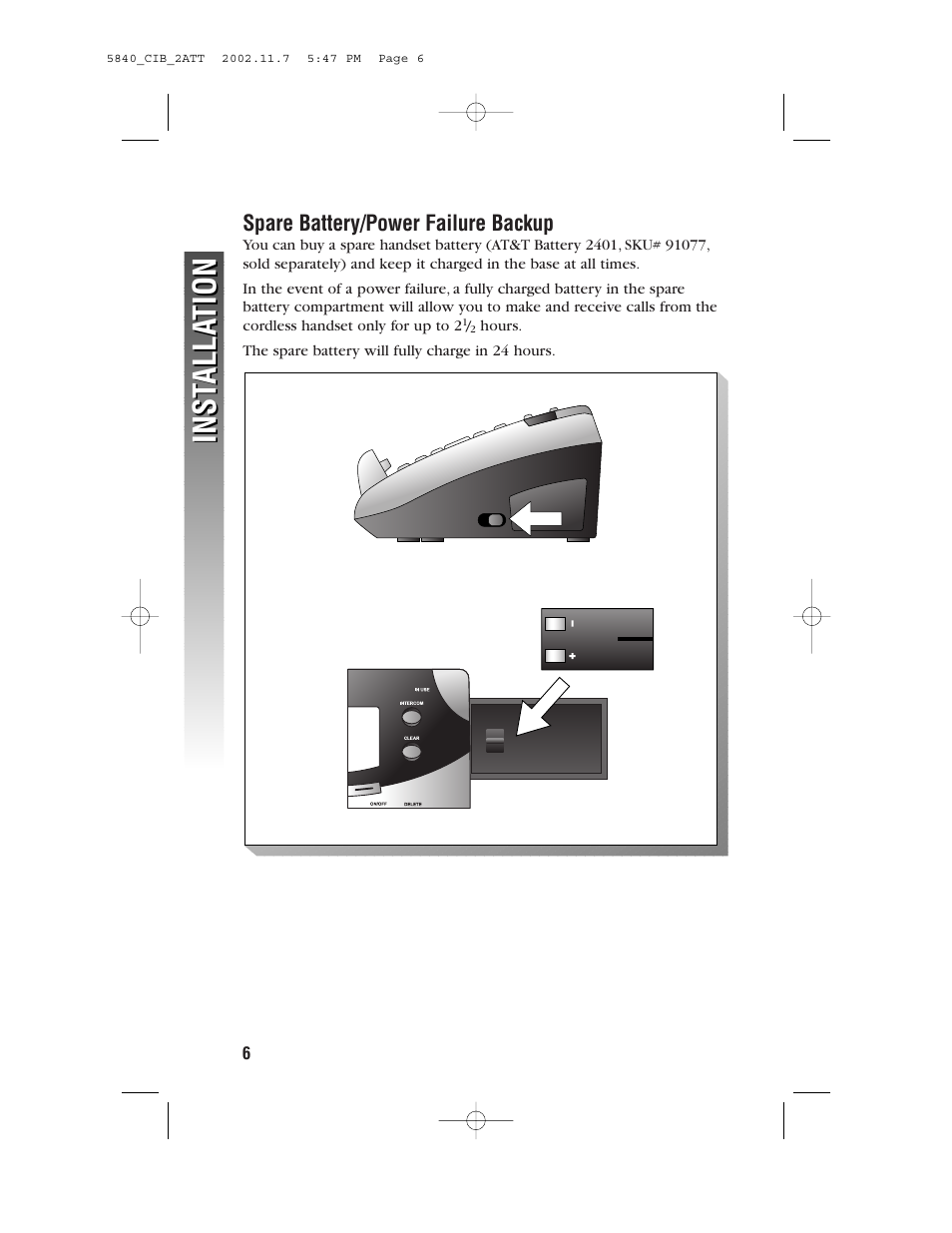 Spare battery/power failure backup, Inst alla tion inst alla tion | AT&T 5830 User Manual | Page 9 / 95