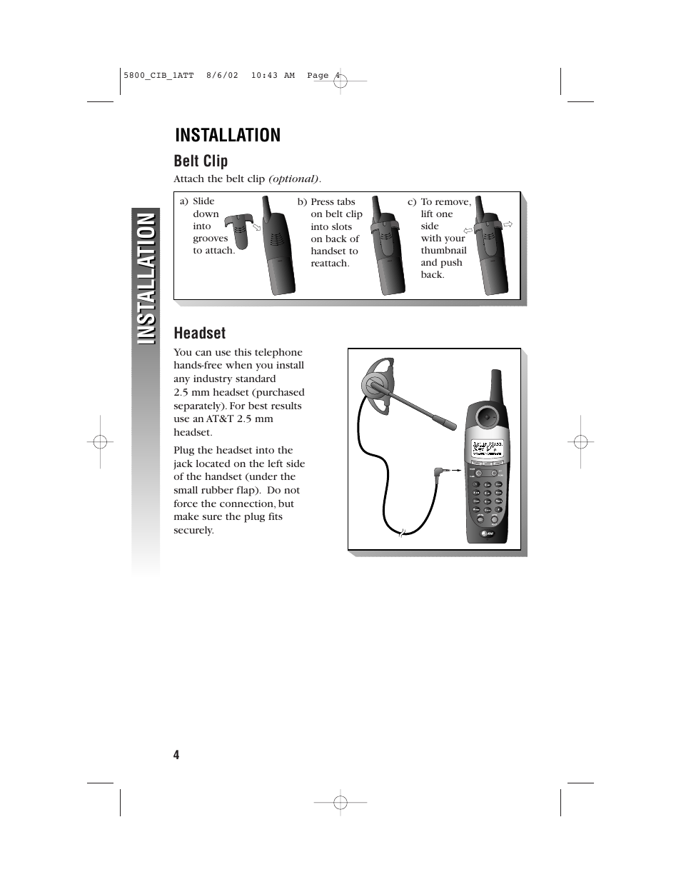 Installation, Belt clip, Headset | Inst alla tion inst alla tion | AT&T 5830 User Manual | Page 90 / 95