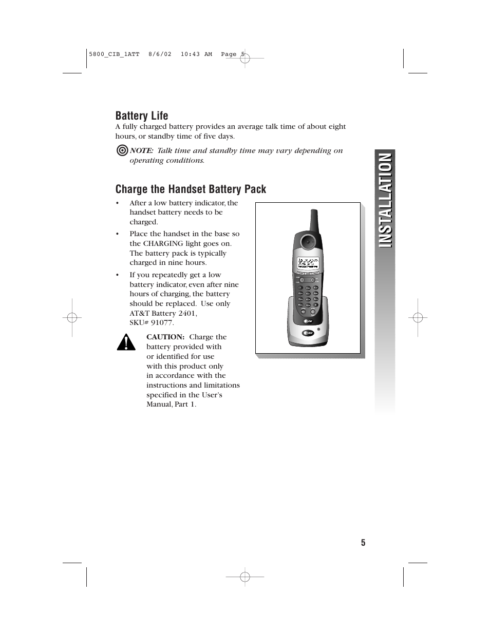 Battery life, Charge the handset battery pack, Inst alla tion inst alla tion | AT&T 5830 User Manual | Page 91 / 95
