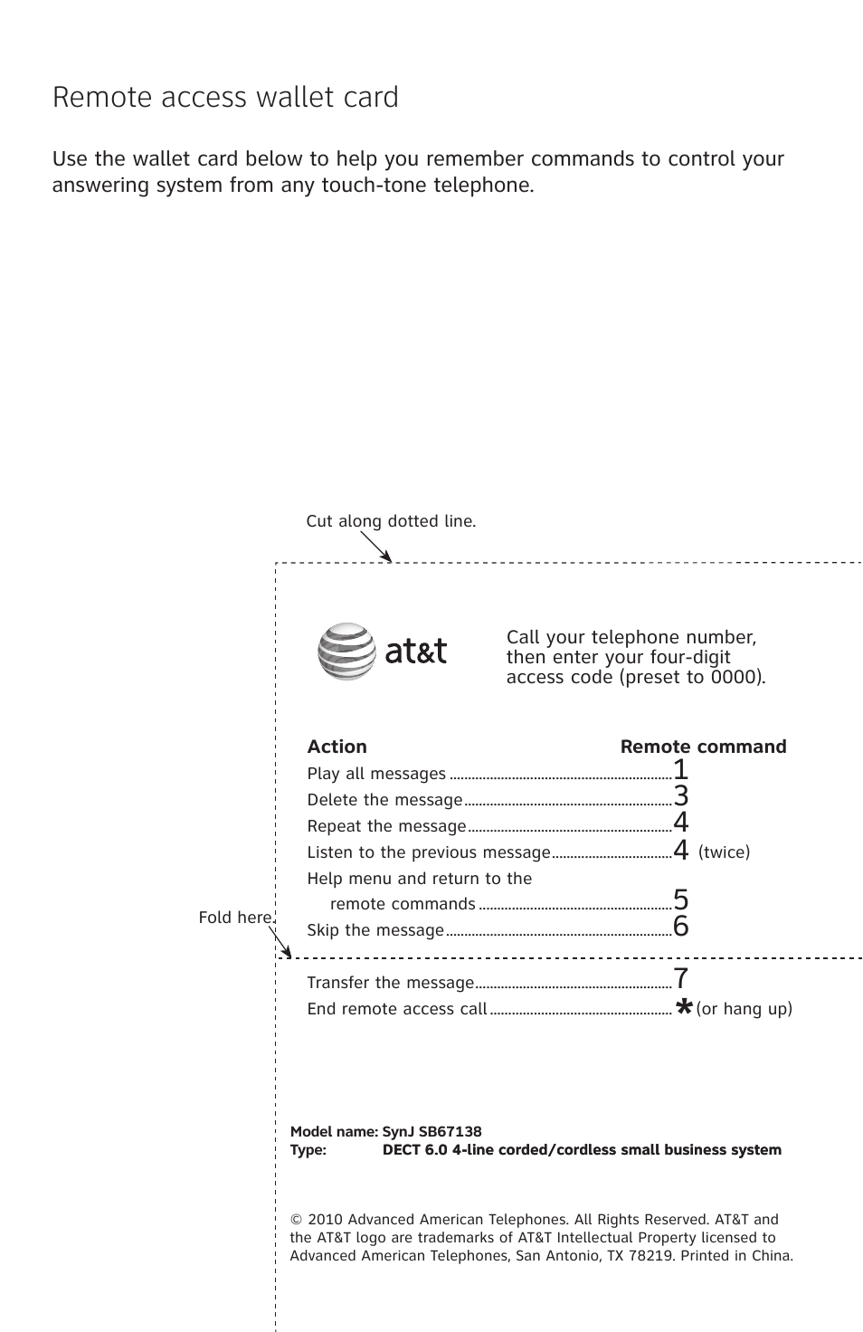 Remote access wallet card | AT&T SB67138 User Manual | Page 109 / 110
