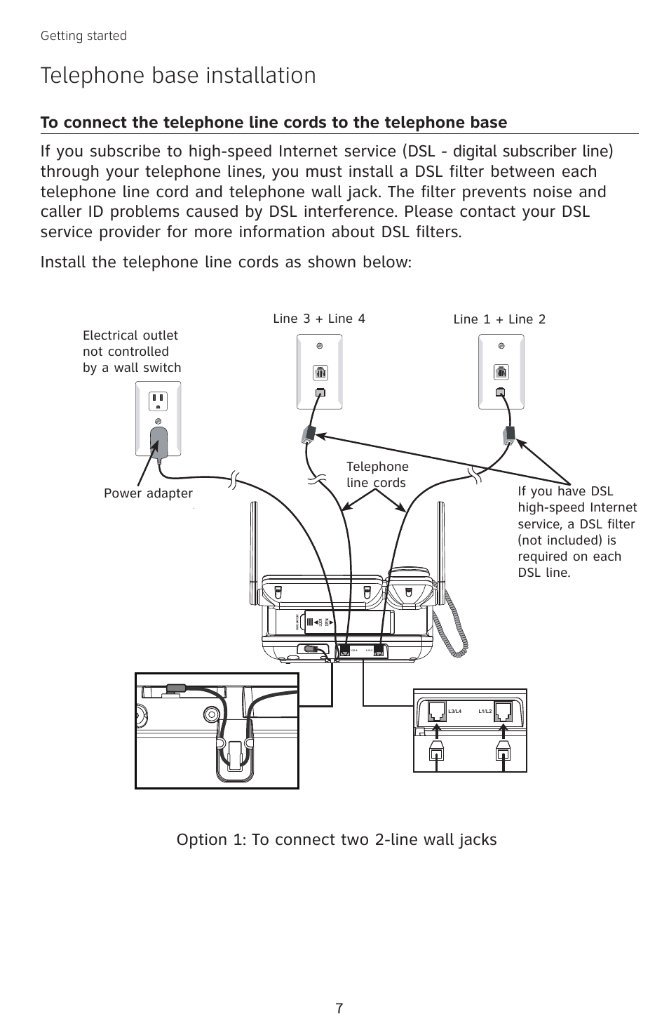 To connect the telephone line, Cords to the telephone base, Telephone base installation | Option 1: to connect two 2-line wall jacks | AT&T SB67138 User Manual | Page 13 / 110