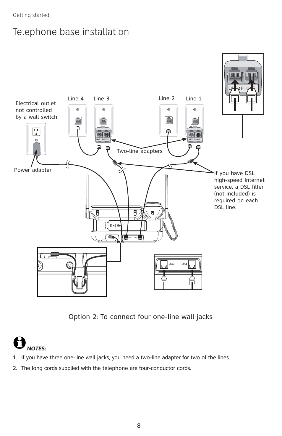 Telephone base installation, Option 2: to connect four one-line wall jacks | AT&T SB67138 User Manual | Page 14 / 110