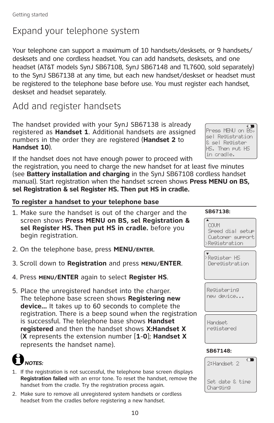 Expand your telephone system, Add and register handsets, To register a handset to your telephone base | To register a handset to your, Telephone base | AT&T SB67138 User Manual | Page 16 / 110