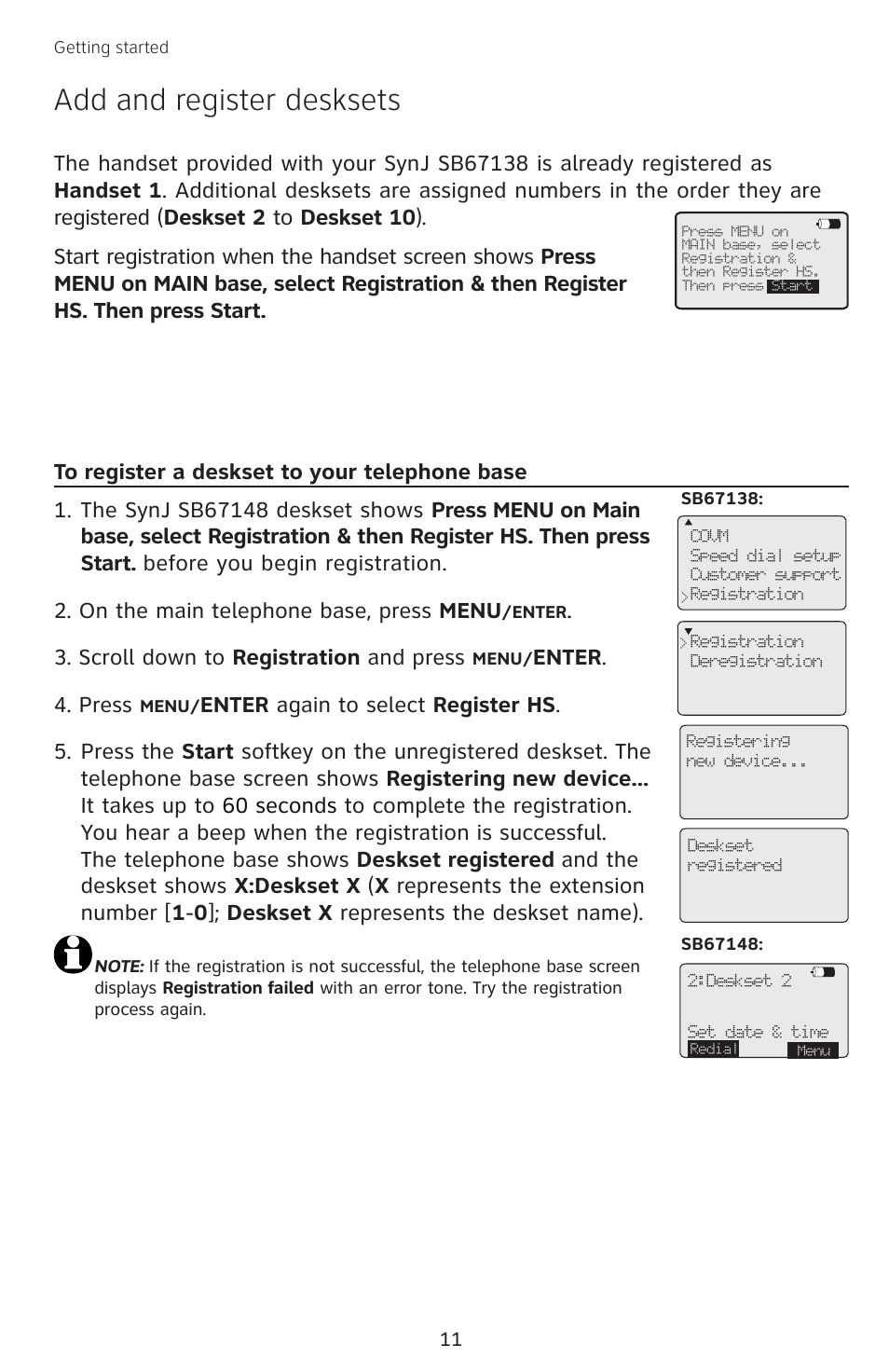 Add and register desksets, To register a deskset to your telephone base, To register a deskset to your | Telephone base, Scroll down to registration and press, Enter . 4. press | AT&T SB67138 User Manual | Page 17 / 110