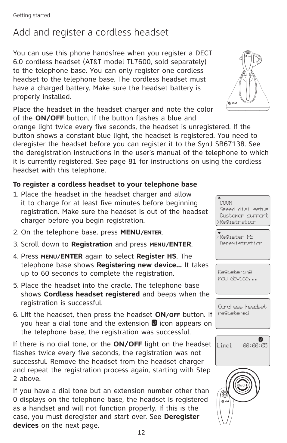 Add and register a cordless headset, Add and register a, Cordless headset | To register a cordless headset to, Your telephone base | AT&T SB67138 User Manual | Page 18 / 110