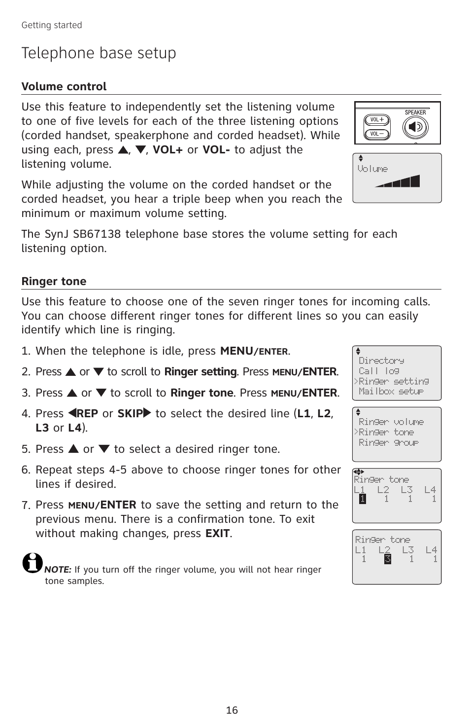 Volume control, Ringer tone, Volume control ringer tone | Telephone base setup | AT&T SB67138 User Manual | Page 22 / 110