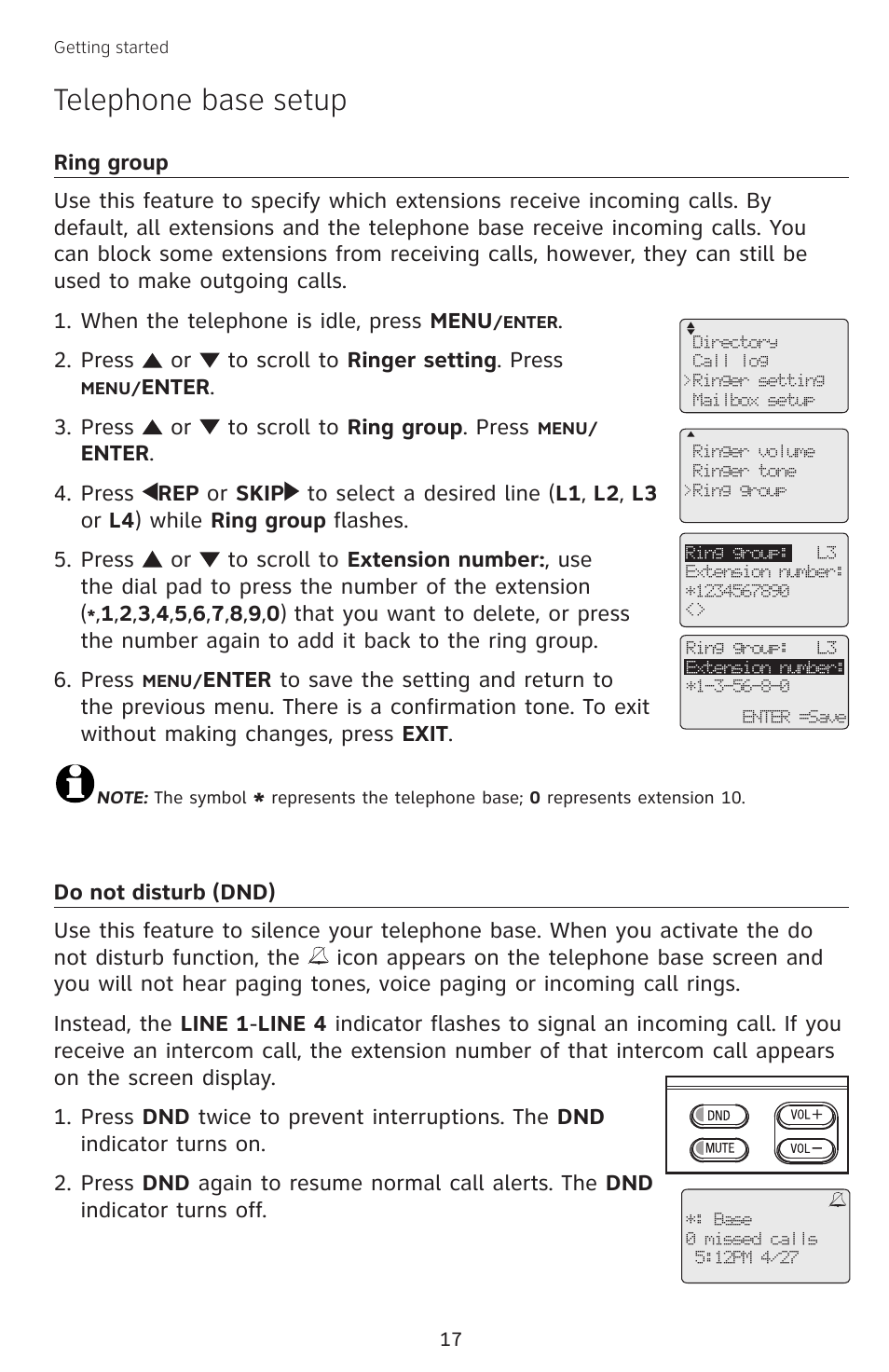 Ring group, Do not disturb (dnd), Ring group do not disturb (dnd) | Telephone base setup | AT&T SB67138 User Manual | Page 23 / 110