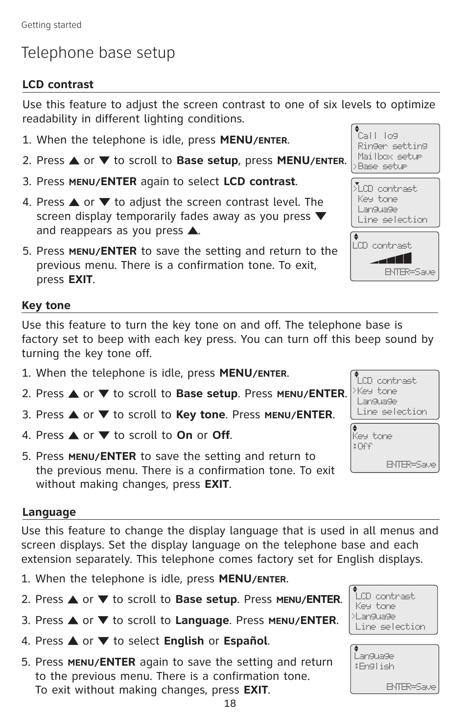 Lcd contrast, Key tone, Language | Lcd contrast key tone language, Telephone base setup | AT&T SB67138 User Manual | Page 24 / 110