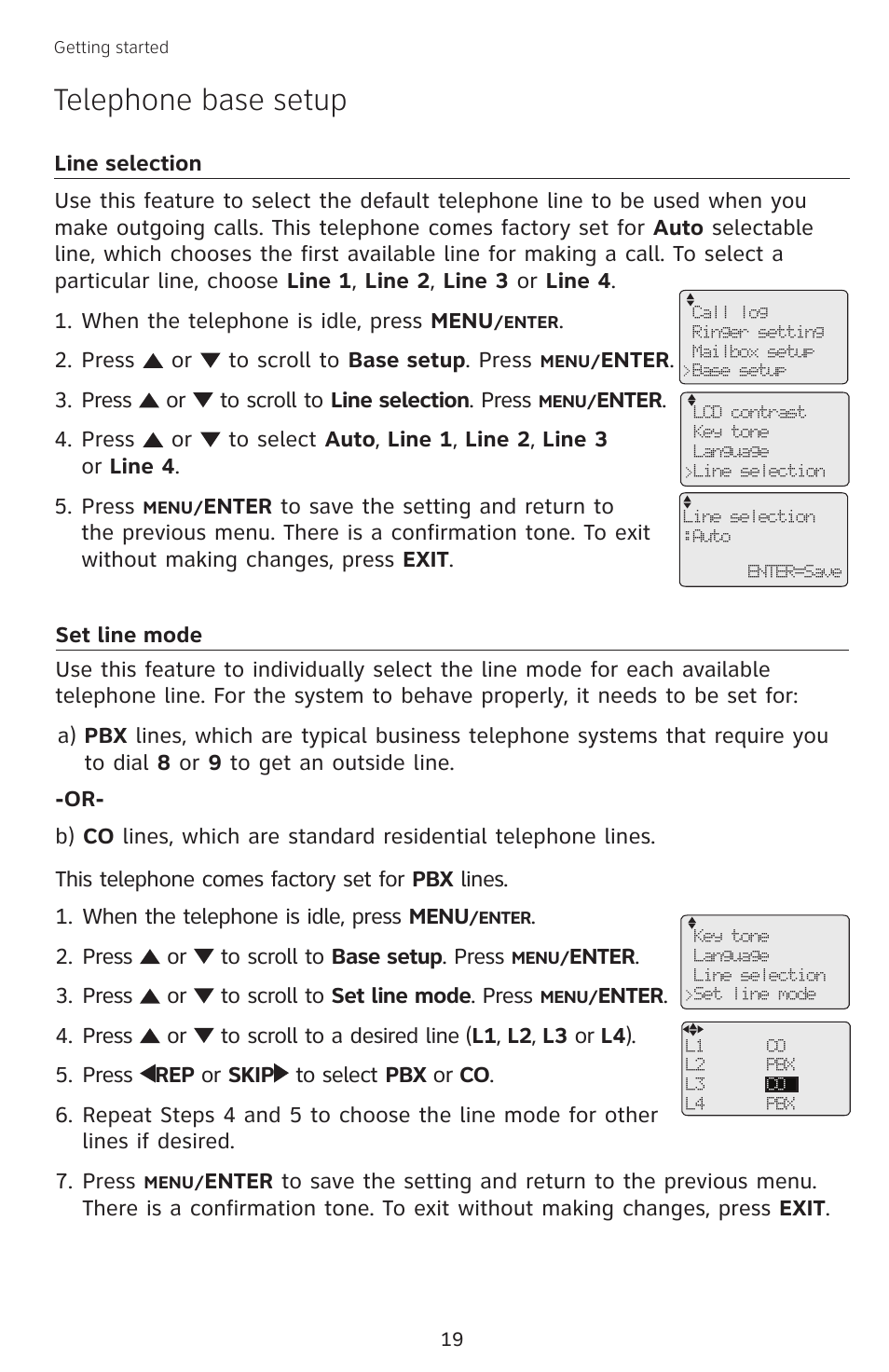 Line selection, Set line mode, Line selection set line mode | Telephone base setup | AT&T SB67138 User Manual | Page 25 / 110
