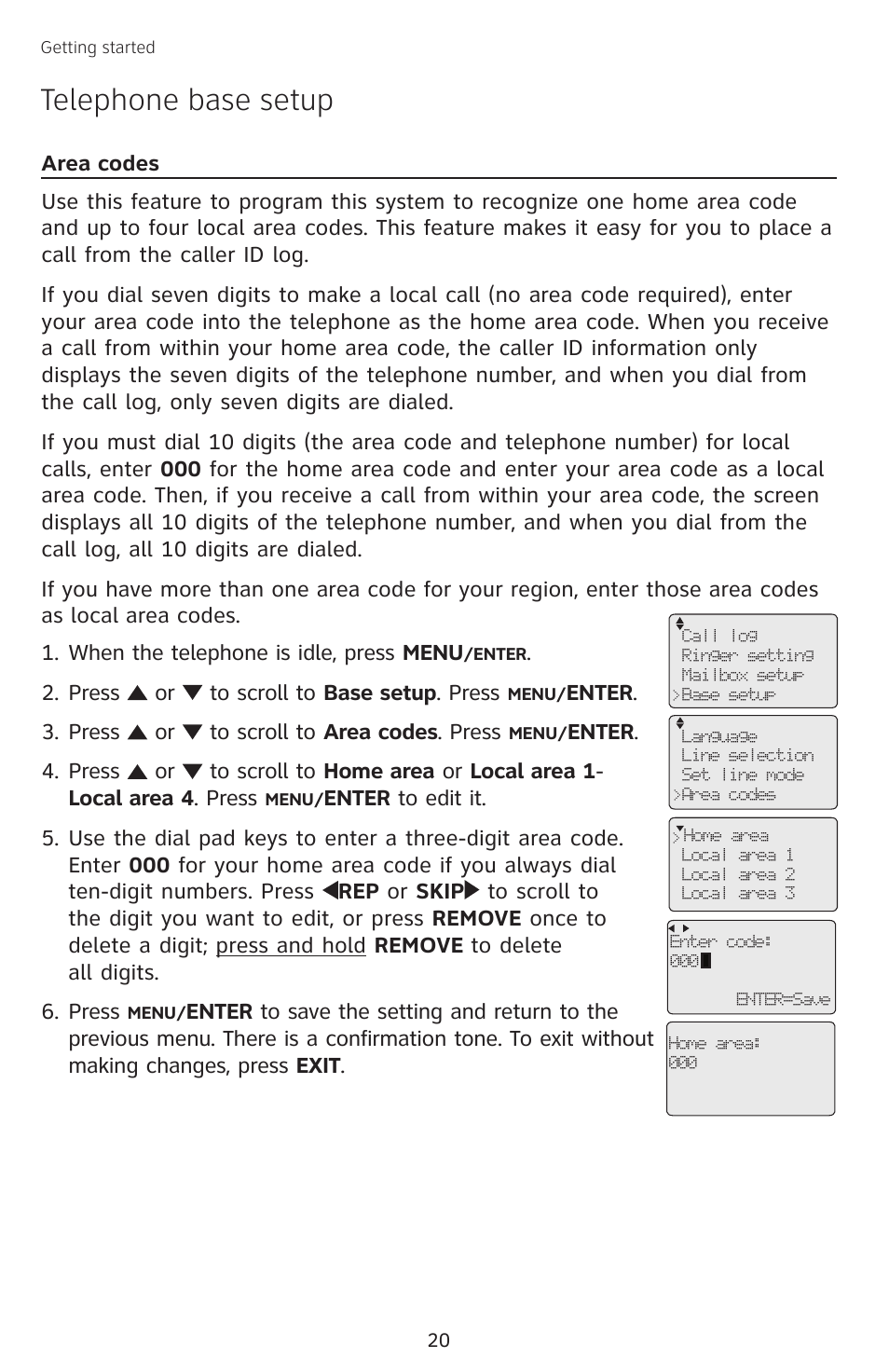 Area codes, Telephone base setup | AT&T SB67138 User Manual | Page 26 / 110