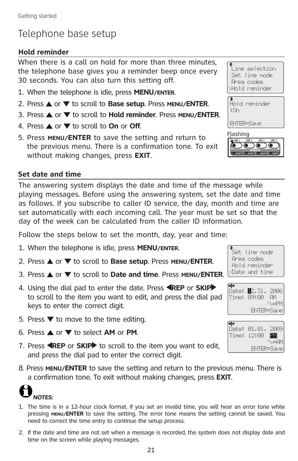 Hold reminder, Set date and time, Hold reminder set date and time | Telephone base setup | AT&T SB67138 User Manual | Page 27 / 110