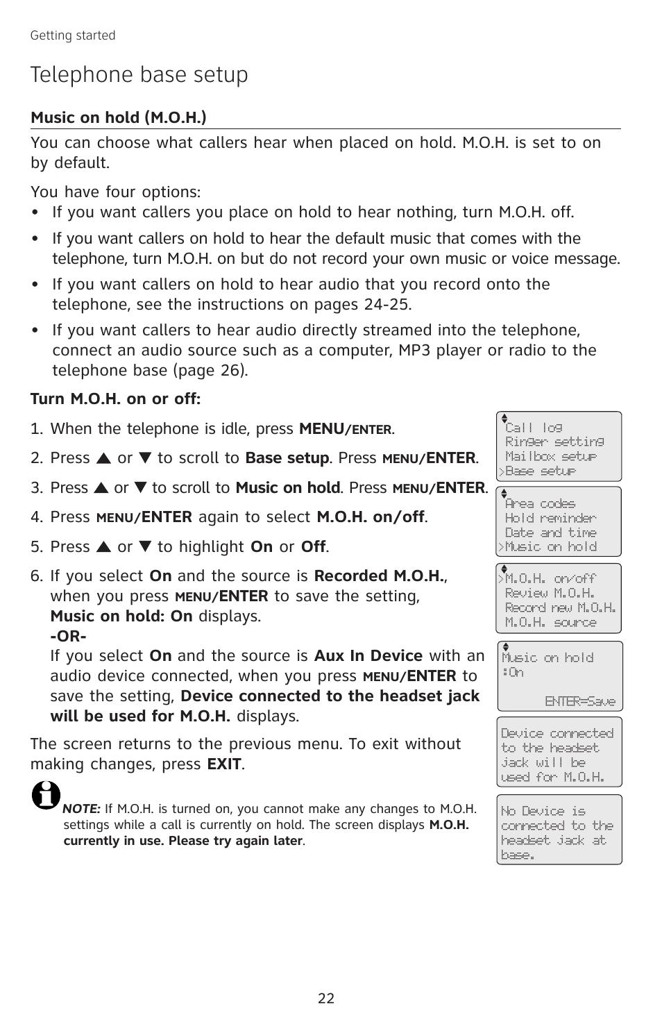 Music on hold (m.o.h.), Telephone base setup | AT&T SB67138 User Manual | Page 28 / 110