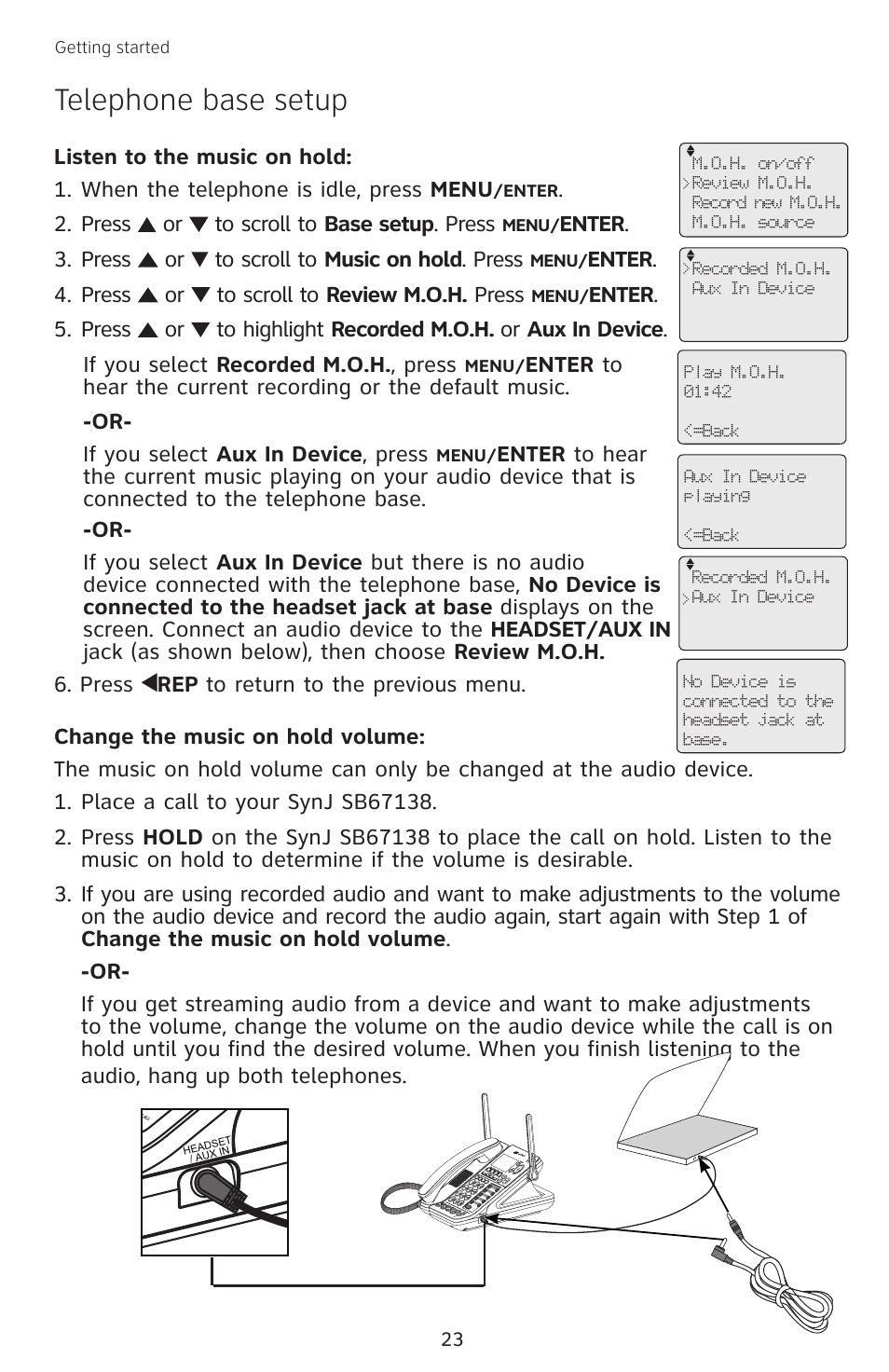Telephone base setup, Press or to scroll to base setup . press, Enter . press or to scroll to review m.o.h. press | AT&T SB67138 User Manual | Page 29 / 110