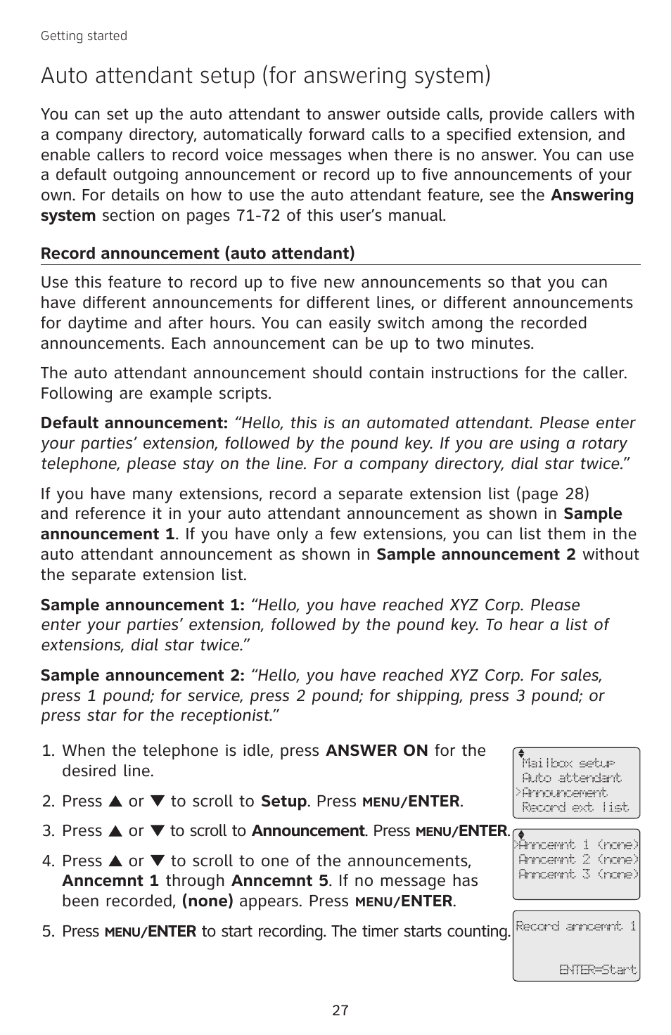 Auto attendant setup (for answering system), Record announcement (auto attendant), Auto attendant setup (for | Answering system), Record announcement, Auto attendant) | AT&T SB67138 User Manual | Page 33 / 110