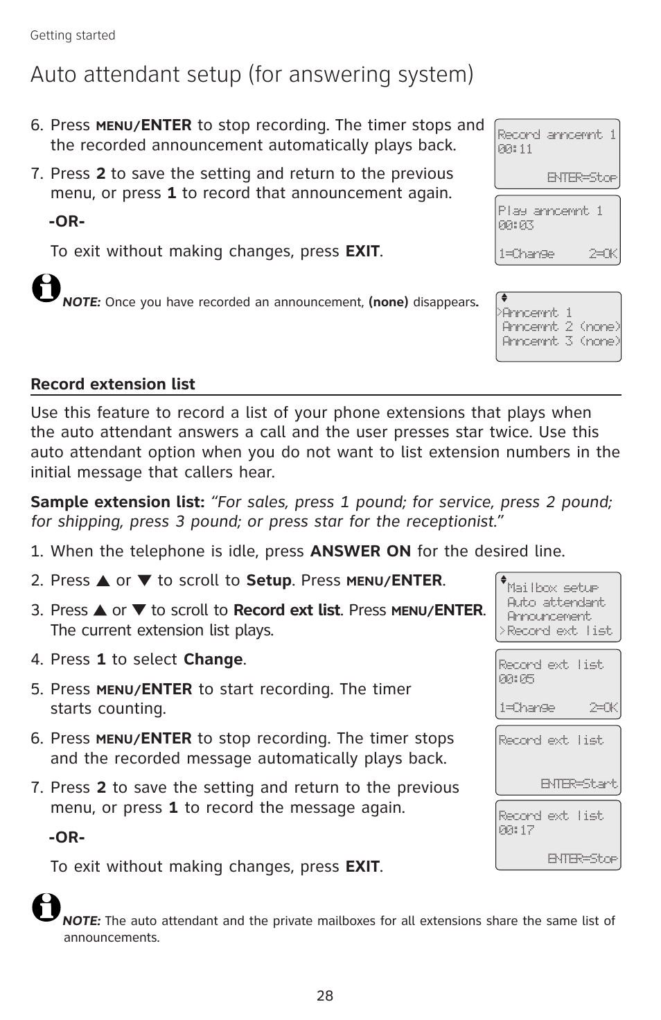 Record extension list, Auto attendant setup (for answering system) | AT&T SB67138 User Manual | Page 34 / 110