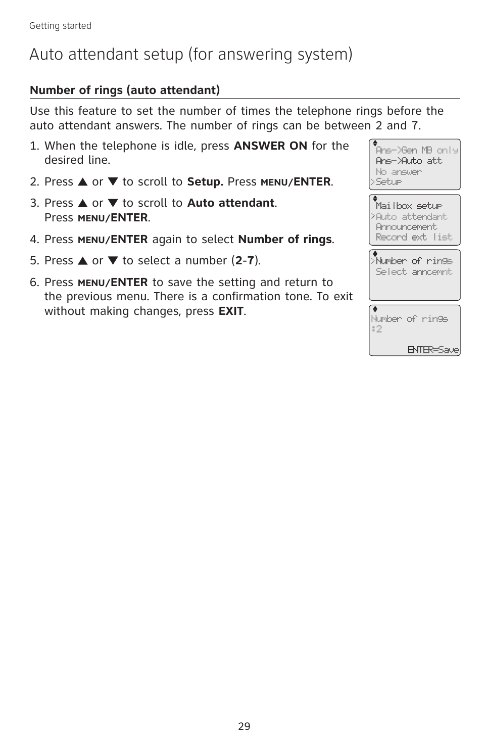 Number of rings (auto attendant), Auto attendant setup (for answering system) | AT&T SB67138 User Manual | Page 35 / 110