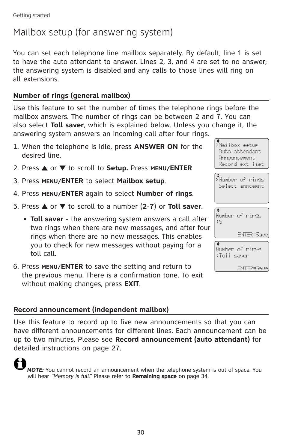 Mailbox setup (for answering system), Number of rings (general mailbox), Record announcement (independent mailbox) | Mailbox setup (for, Answering system), Number of rings, General mailbox), Record announcement, Independent mailbox) | AT&T SB67138 User Manual | Page 36 / 110