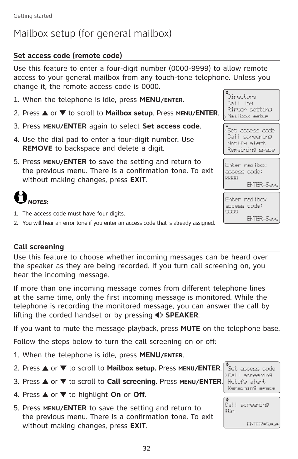 Mailbox setup (for general mailbox), Set access code (remote code), Call screening | AT&T SB67138 User Manual | Page 38 / 110