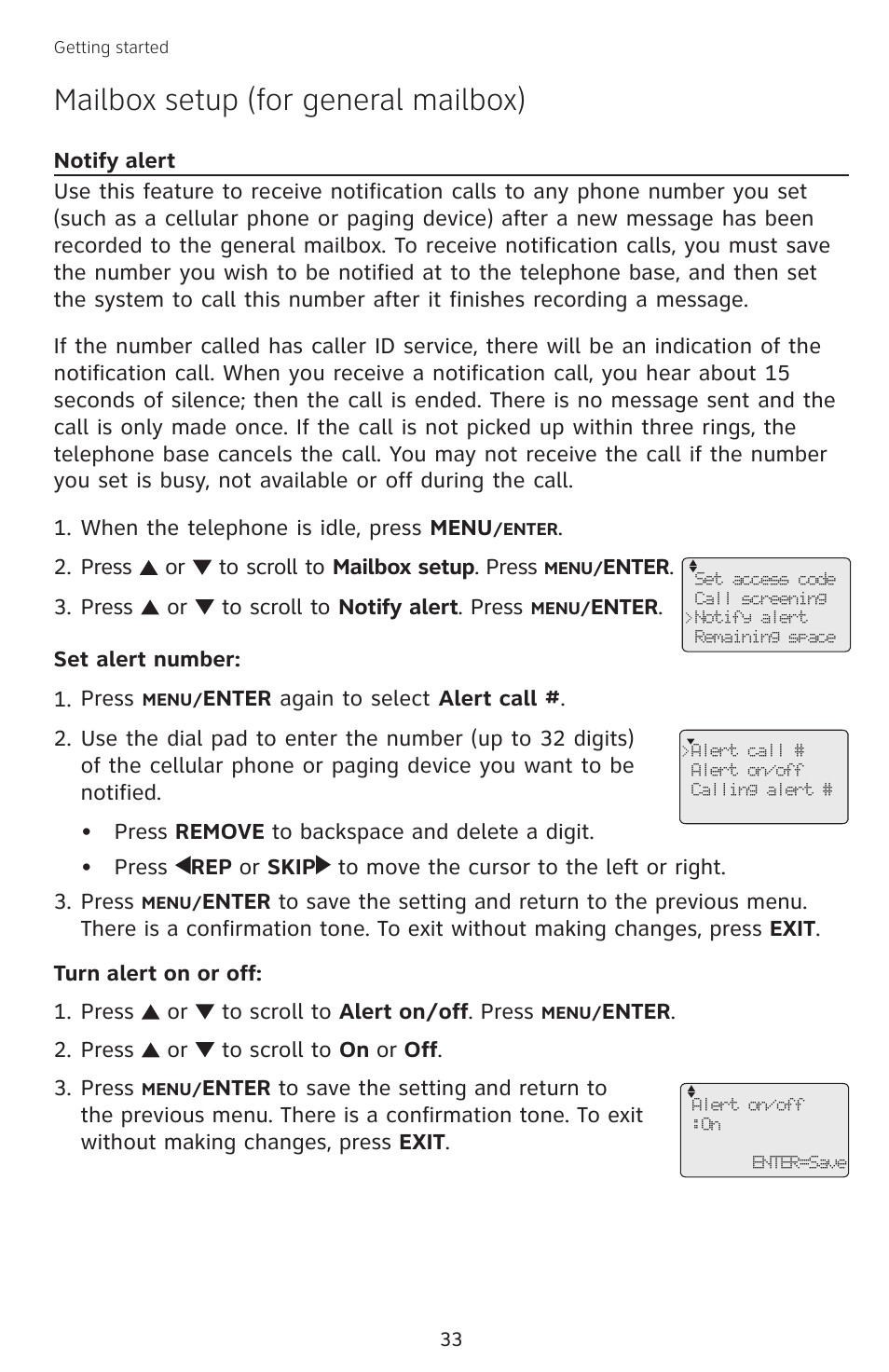 Notify alert, Mailbox setup (for general mailbox) | AT&T SB67138 User Manual | Page 39 / 110