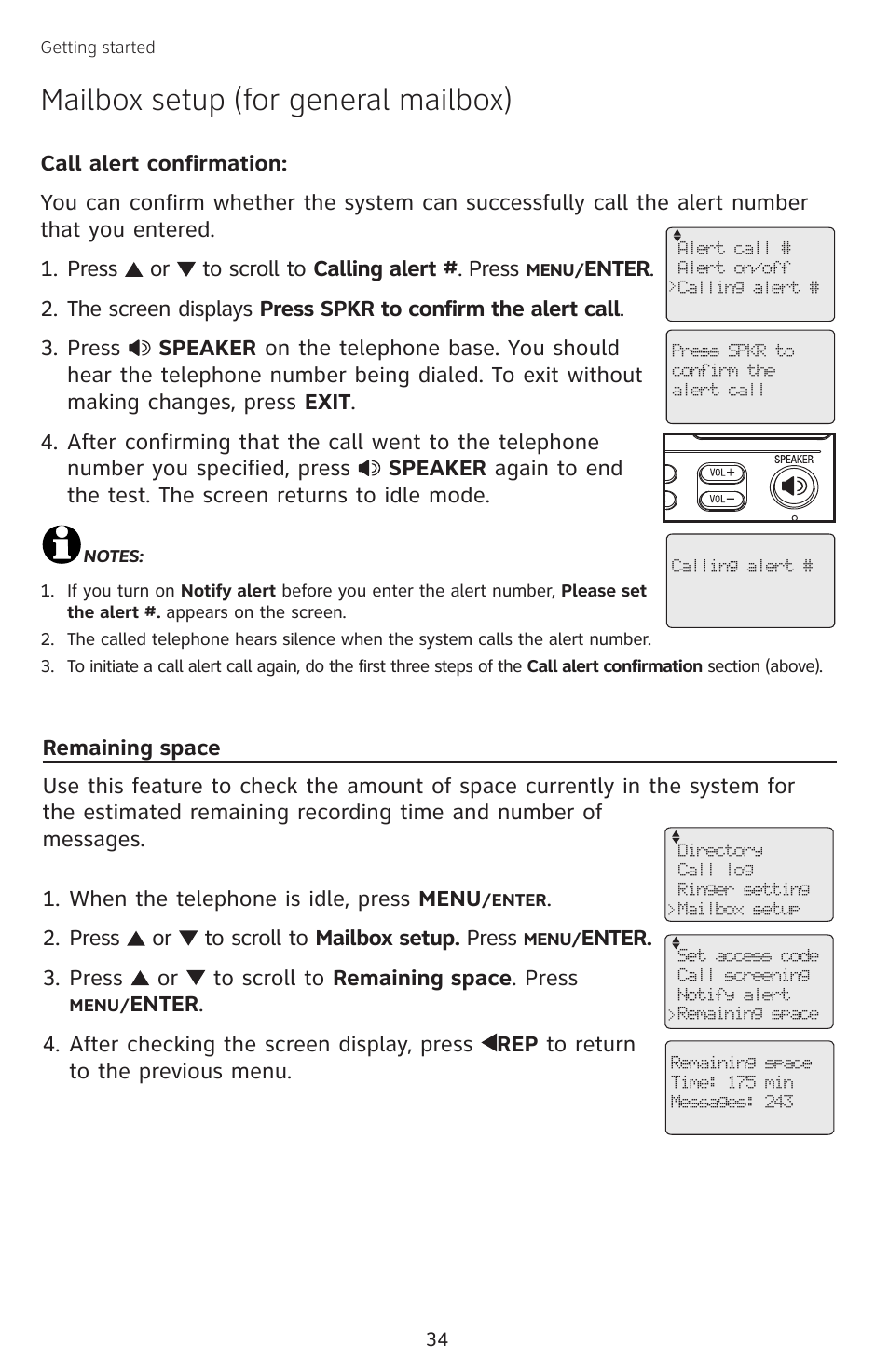 Remaining space, Mailbox setup (for general mailbox) | AT&T SB67138 User Manual | Page 40 / 110
