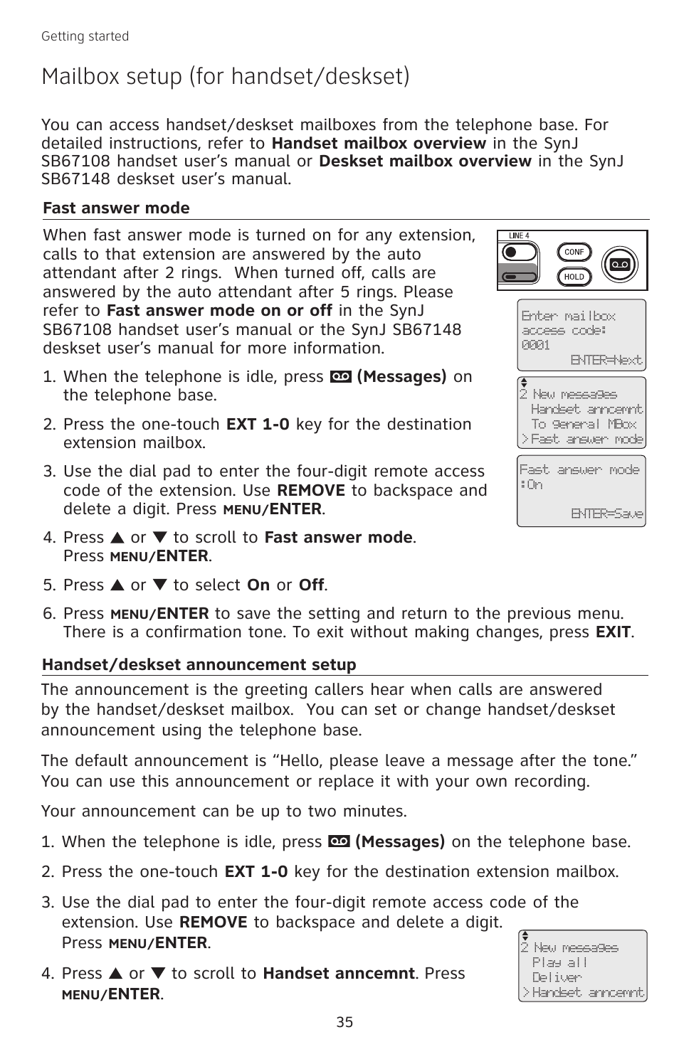 Mailbox setup (for handset/deskset), Fast answer mode, Handset/deskset announcement setup | Mailbox setup (for, Handset/deskset), Fast answer mode handset/deskset, Announcement setup | AT&T SB67138 User Manual | Page 41 / 110