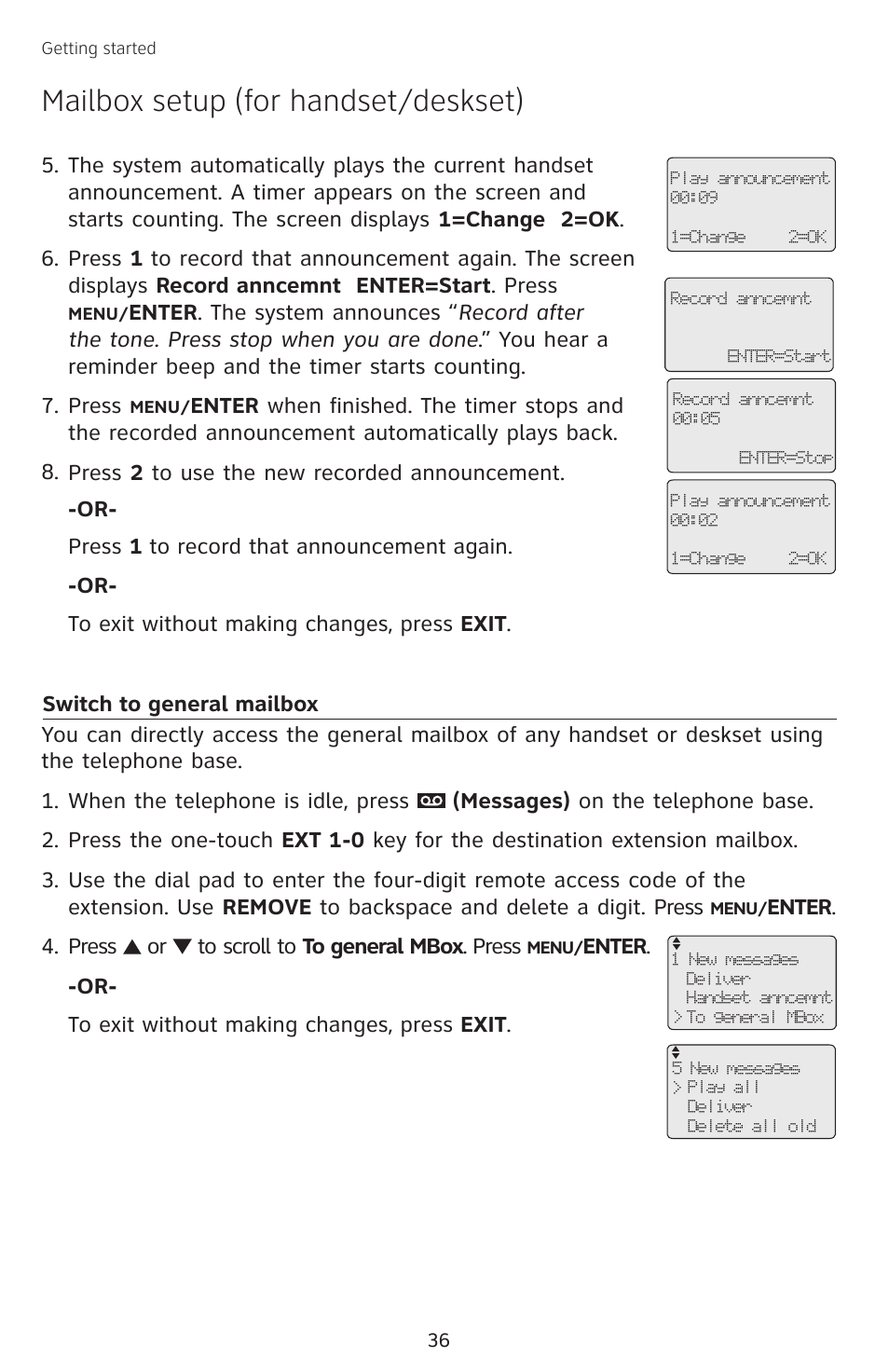 Switch to general mailbox, Mailbox setup (for handset/deskset) | AT&T SB67138 User Manual | Page 42 / 110